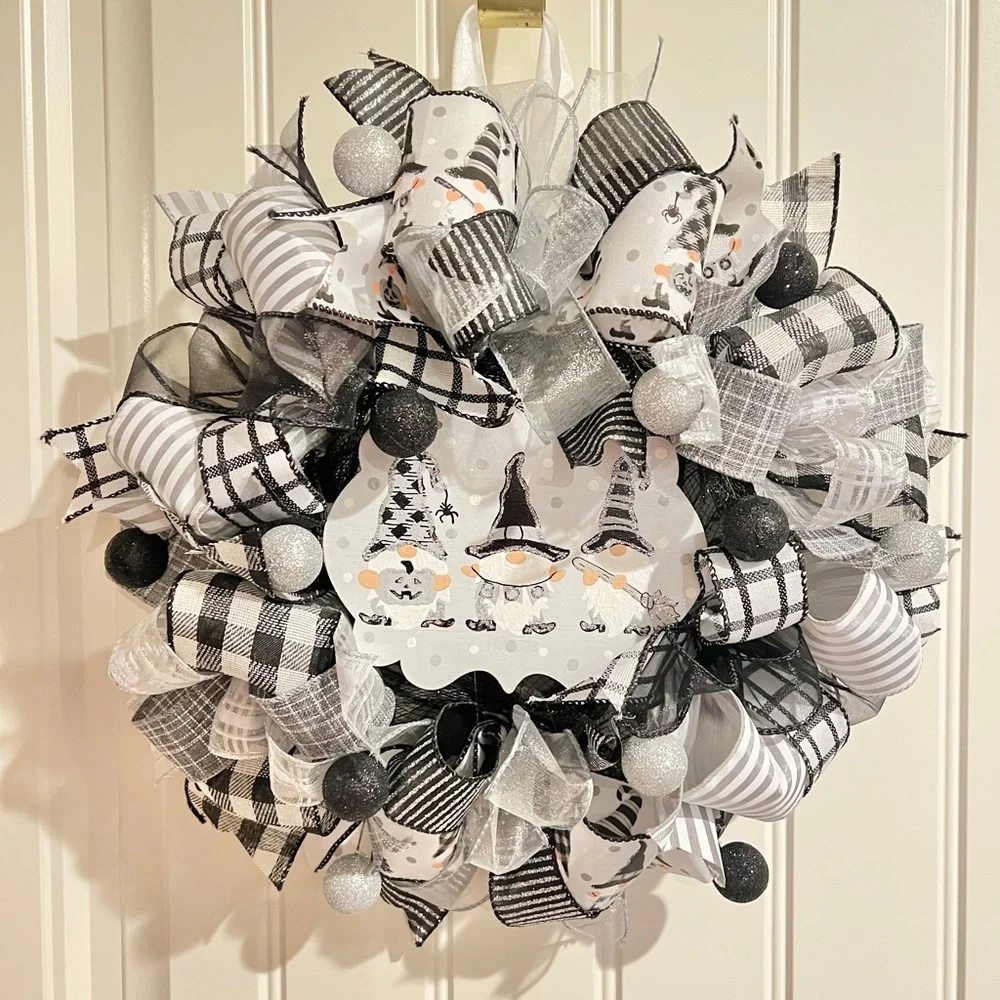 13 inch Halloween Ribbon Wreath Black White Gnome MW4